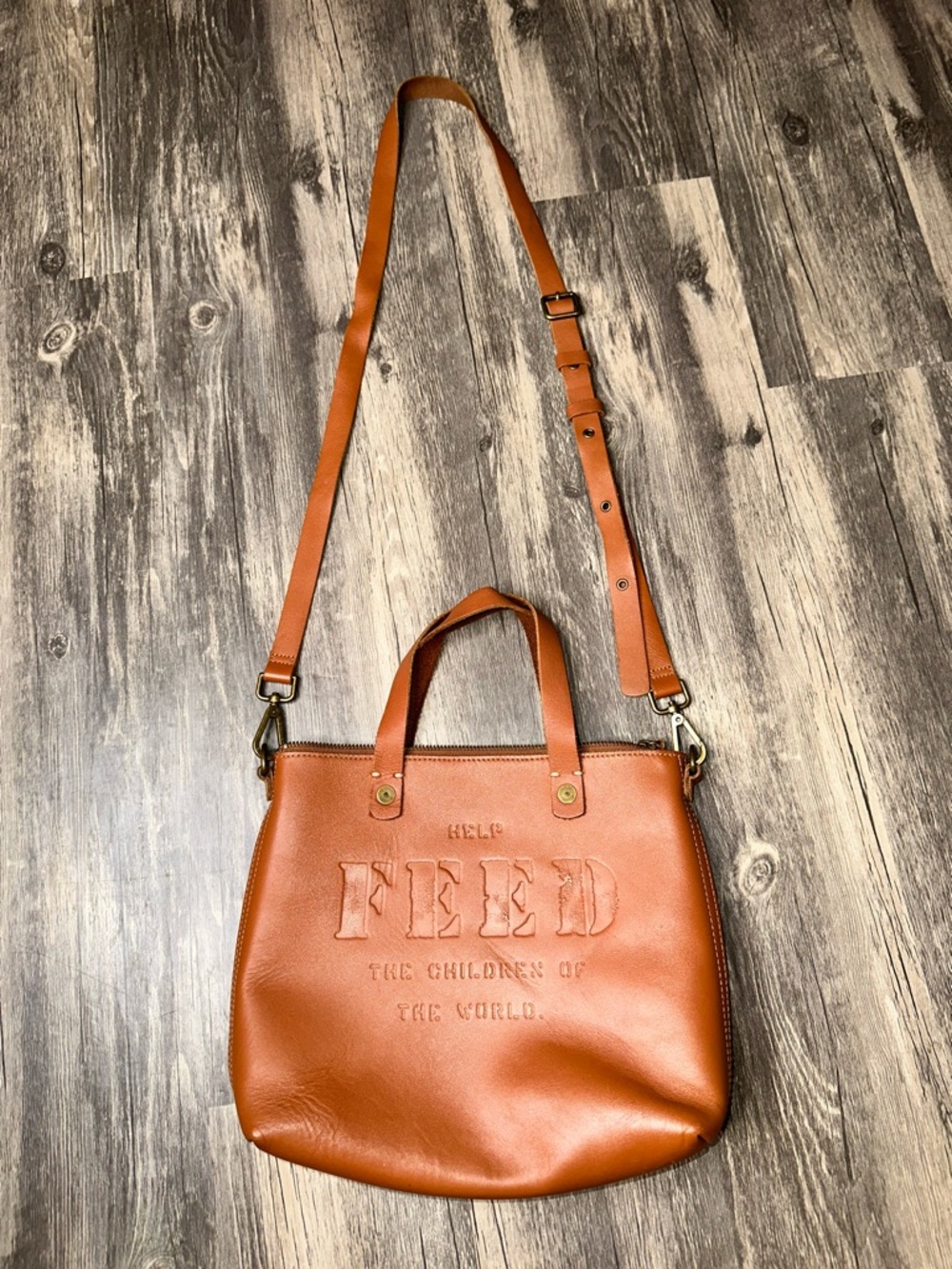 Hobo Feed The Children Leather Crossbody ToteBag Brown Embossed Adjustable Strap